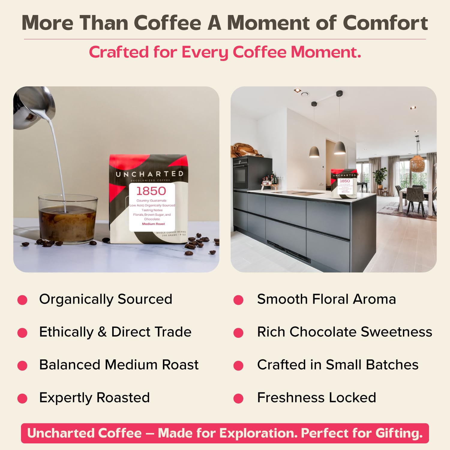 Uncharted Coffee 1850 Guatemala Whole Bean – Organic Single-Origin Medium Roast, Direct Trade, Balanced Flavor with Cocoa & Citrus Notes, Fresh Roasted, 9 oz Bag