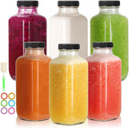 16 oz Glass Juice Bottles with Lids 6 Pack,Reusable Glass Drink Bottles,500ml Water Drinking Jars for Milk,Juicing,Kombucha,Ginger,Beverage Glassware,Juice Drinking Jars