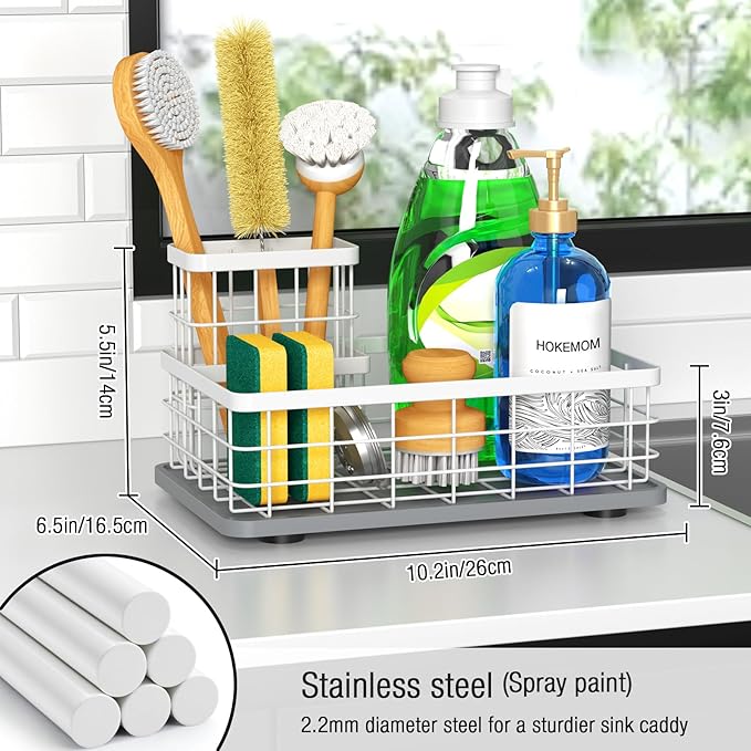 Large Family-Sized Sponge Holder for Kitchen Sink with Brush Holder - Drain-Free Non-Slip Base, 2.6mm Stainless Steel with White Rust-Resistant Coating-10.24"L x 6.5"W x 5.83"H Sink Organizer