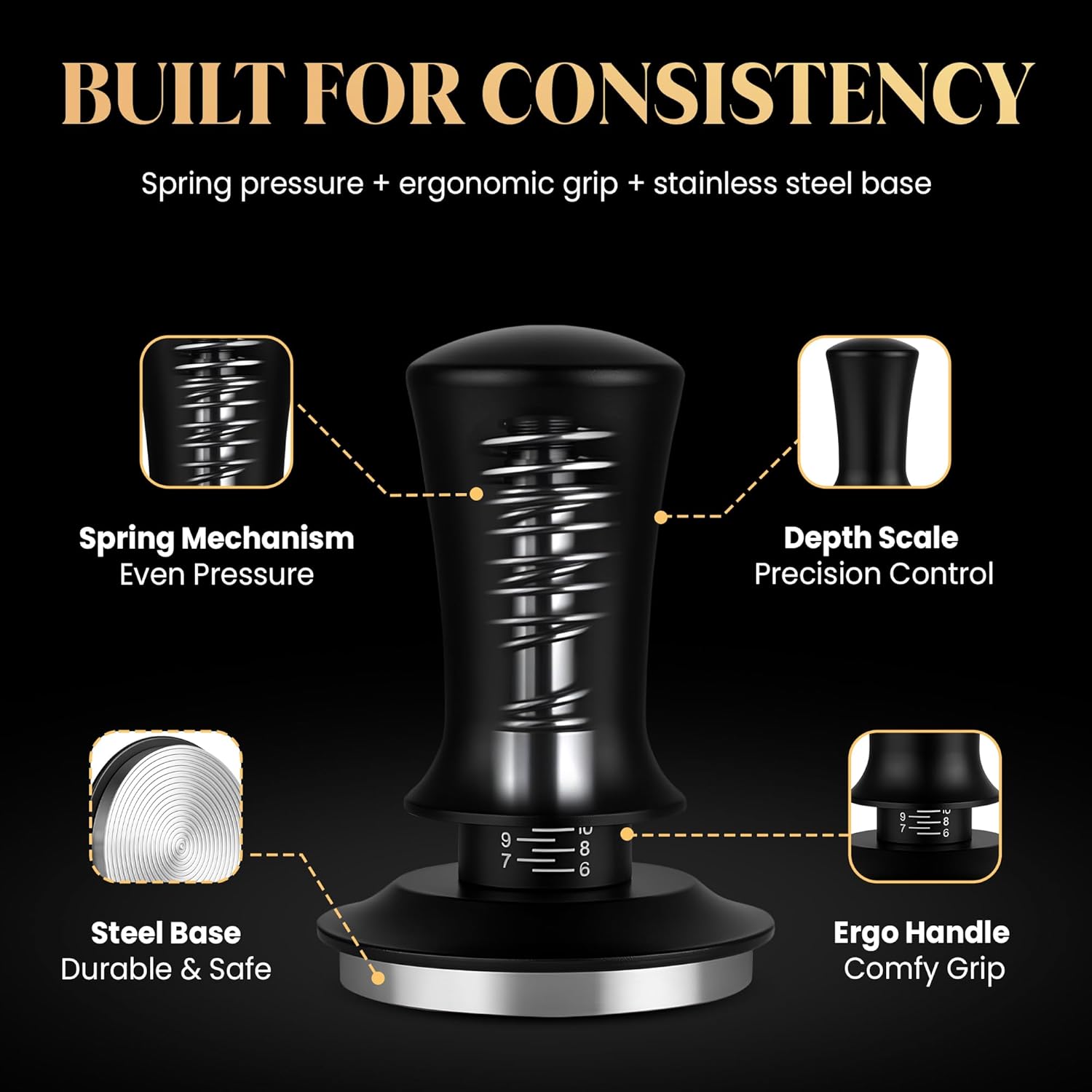 53mm Espresso Tamper – Professional Barista Coffee Tamper with SpringLoaded,Calibrated Flat Stainless-Steel Base & Ergonomic Handle,Fits 53mm Portafilter, Ideal Coffee Accessory for Espresso Lovers
