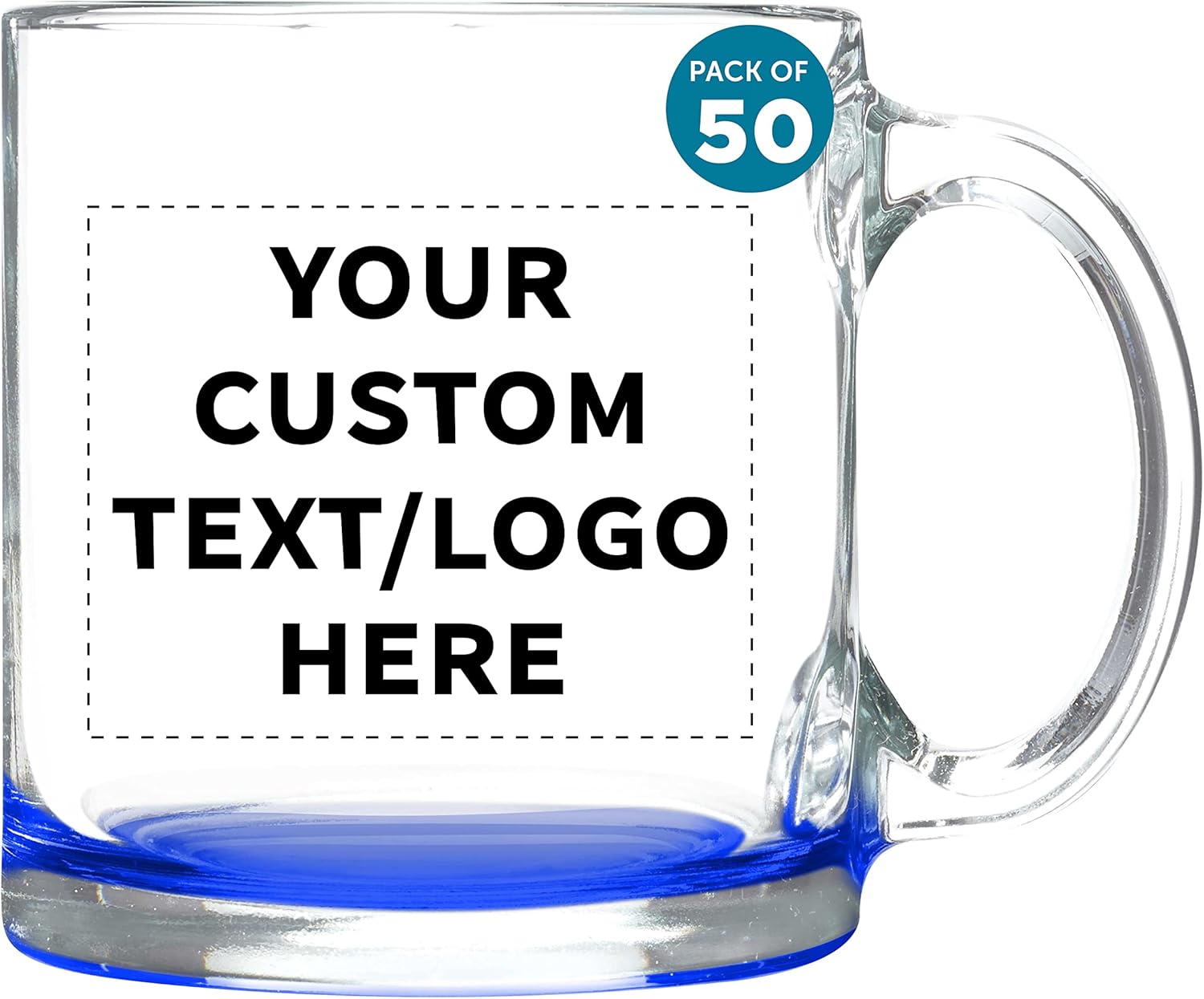 Custom Libbey Clear Glass Coffee Mugs 13 oz. Set of 50, Personalized Bulk Pack - Perfect for Coffee, Tea, Espresso, Hot Cocoa, Other Beverages - Blue Bottom