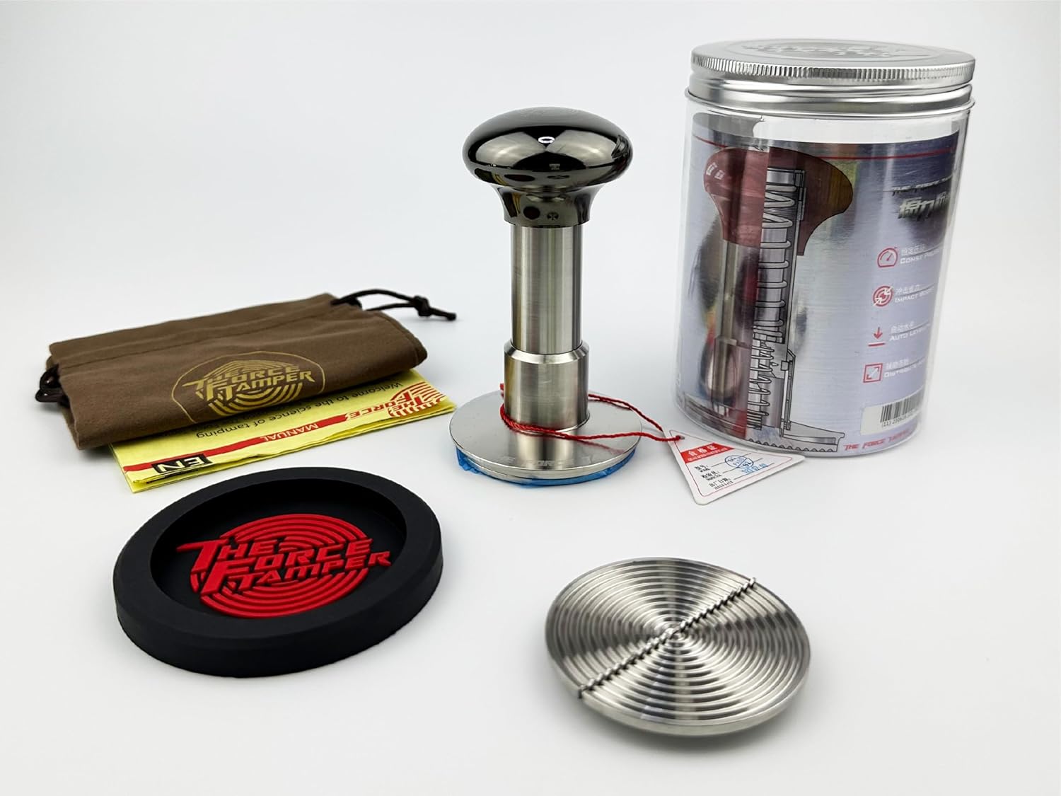 The Force Tamper Automatic Impact Adjustable Constant Pressure and Autoleveling Coffee Tamper Black Mirror Jellyfish AL Handle Set Pro (C-Ripple Distribute Set, 58.35mm)