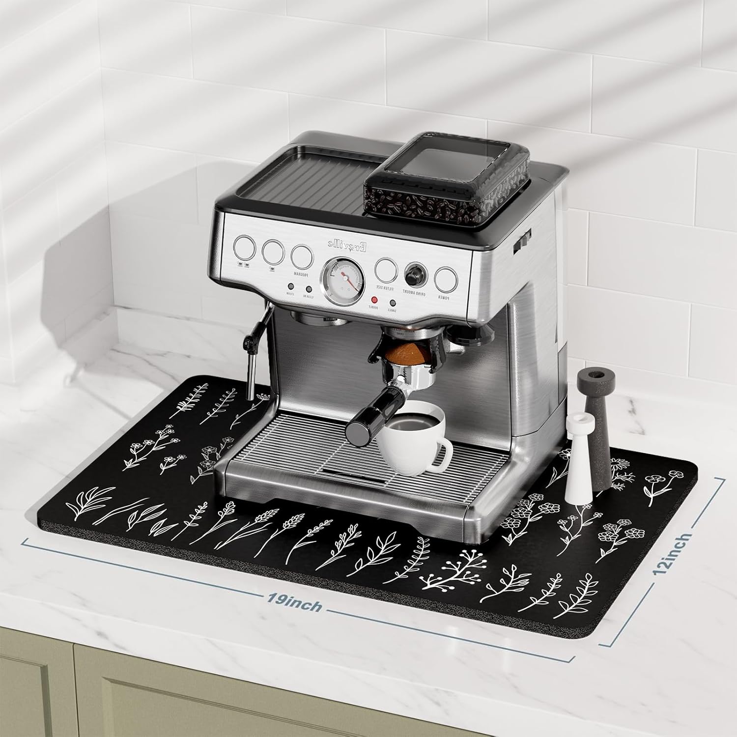 Rnivvi Coffee Mat, 12" x 19" Cute Coffee Bar Mats for Espresso Machine Station Accessories and Organizer, Hide Stain Rubber Backed Absorbent Dish Drying Pad for Kitchen Counter, Black White Leaves