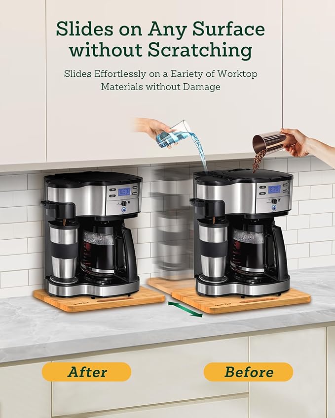 Bamboo Appliance Slider, Sliding Tray for Coffee Maker, Kitchen Countertop Appliance Rolling Tray, Coffee Pot Slider Tray with Rubber Wheels, Wide - Large (16"D x 13"W)