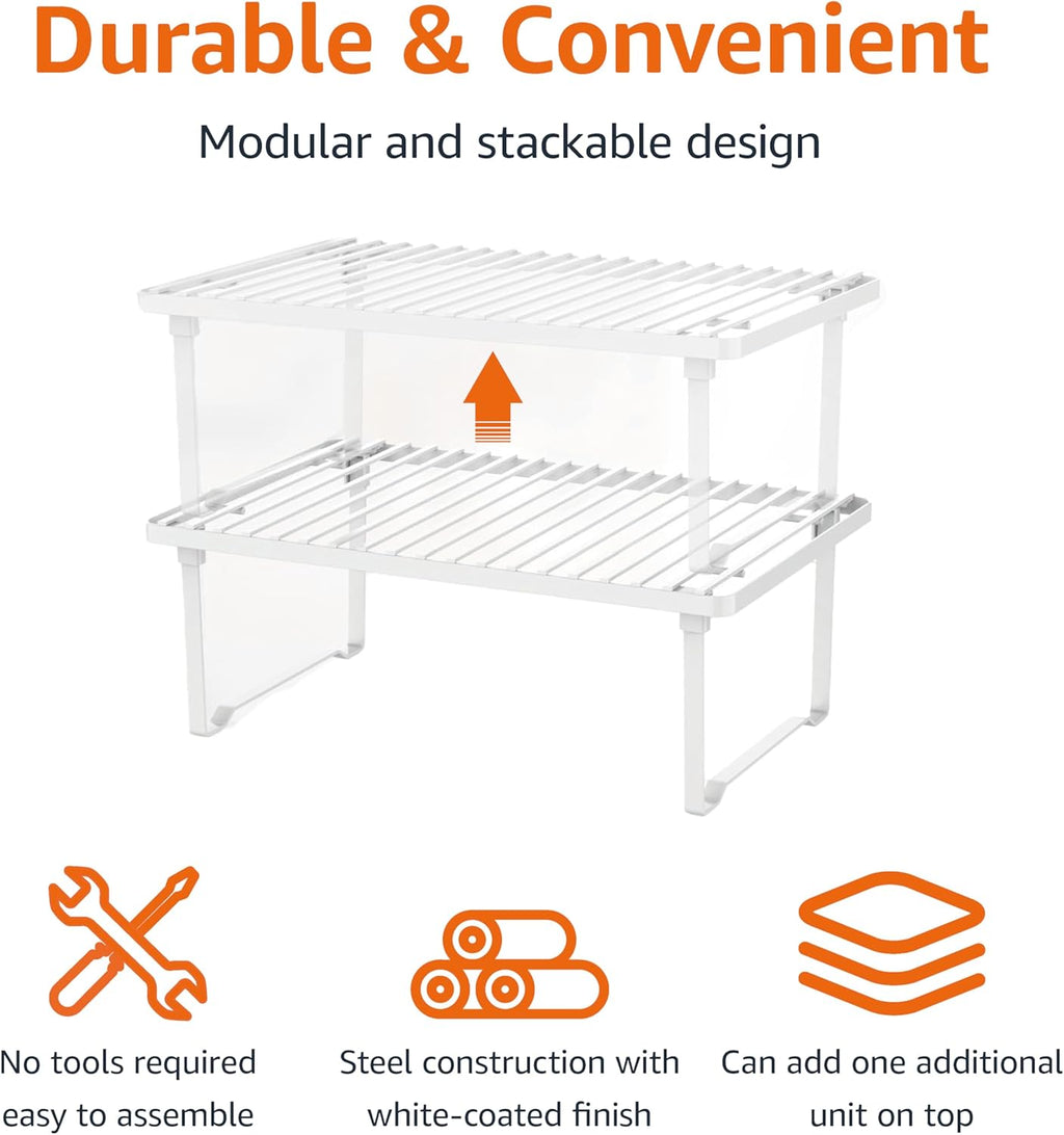Amazon Basics Stackable Metal Kitchen Storage Shelves for Dishes, 12.5" L x 8" D x 4.5" H, Set of 2, White