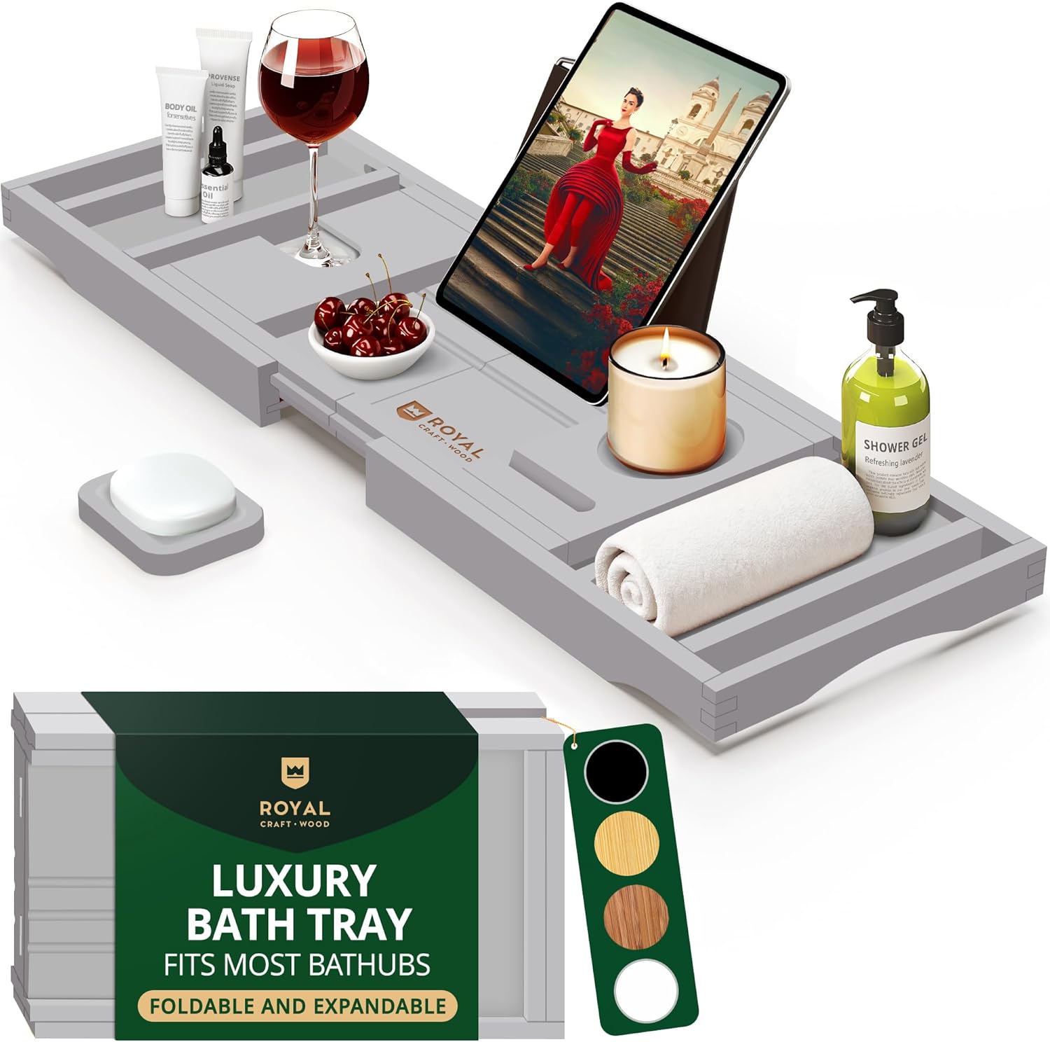 ROYAL CRAFT WOOD Premium Foldable Bathtub Tray - Expandable Bath Tray for Tub - Luxury Bathtub & Bathroom Accessories