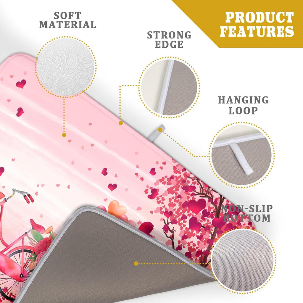 Pink Heart Valentine's Day Gnomes Dish Drying Mat for Kitchen Counter,Pink Bicycle Love Tree Drying Mat 18 x 24 Inch with Absorbent Reversible Microfiber Dish Drying Pad Dish Rack Pad for Coffee Bar