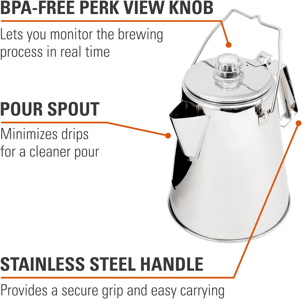 GSI Outdoors Percolator Coffee Pot I Glacier Stainless Steel Ultra-Rugged for Brewing Coffee Over Stove and Fire Ideal for Group Camping, 36 Cup