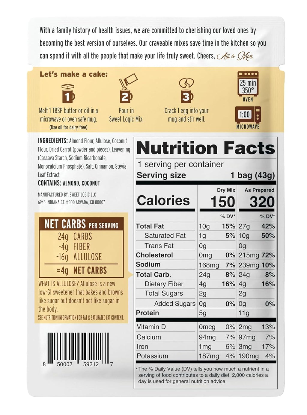 Sweet Logic Keto Dessert Mug Cake Mixes - Carrot Cake - Low Sugar - Gluten-Free - Low Carb - Diabetic-Friendly Sweets - Natural Ingredients - High Protein - Delicious Keto Treats (4 Pack)