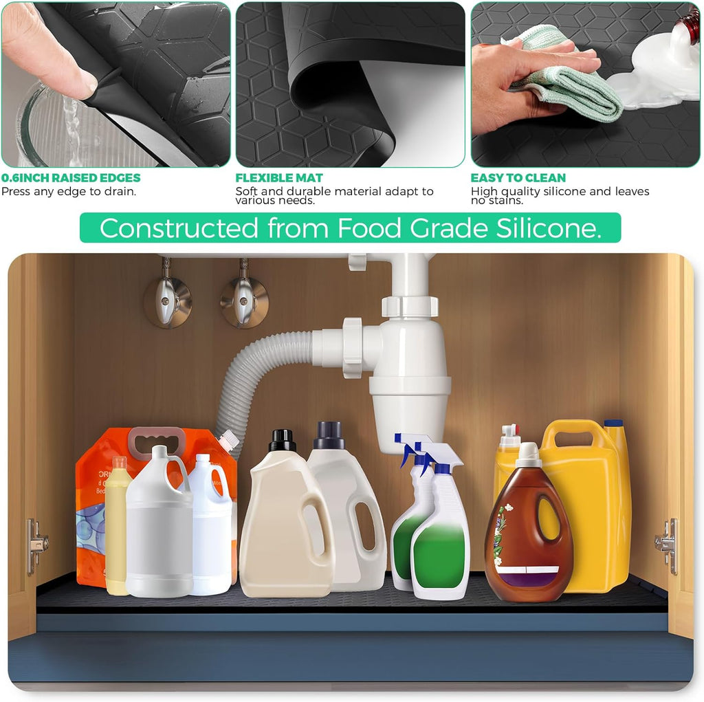 TRZZ Silicone Waterproof Under Sink Mat 34" x 19", Drip Tray and Cabinet Liner for Kitchen and Bathroom, Prevents Water Damage and Organizes Cabinets (Black)