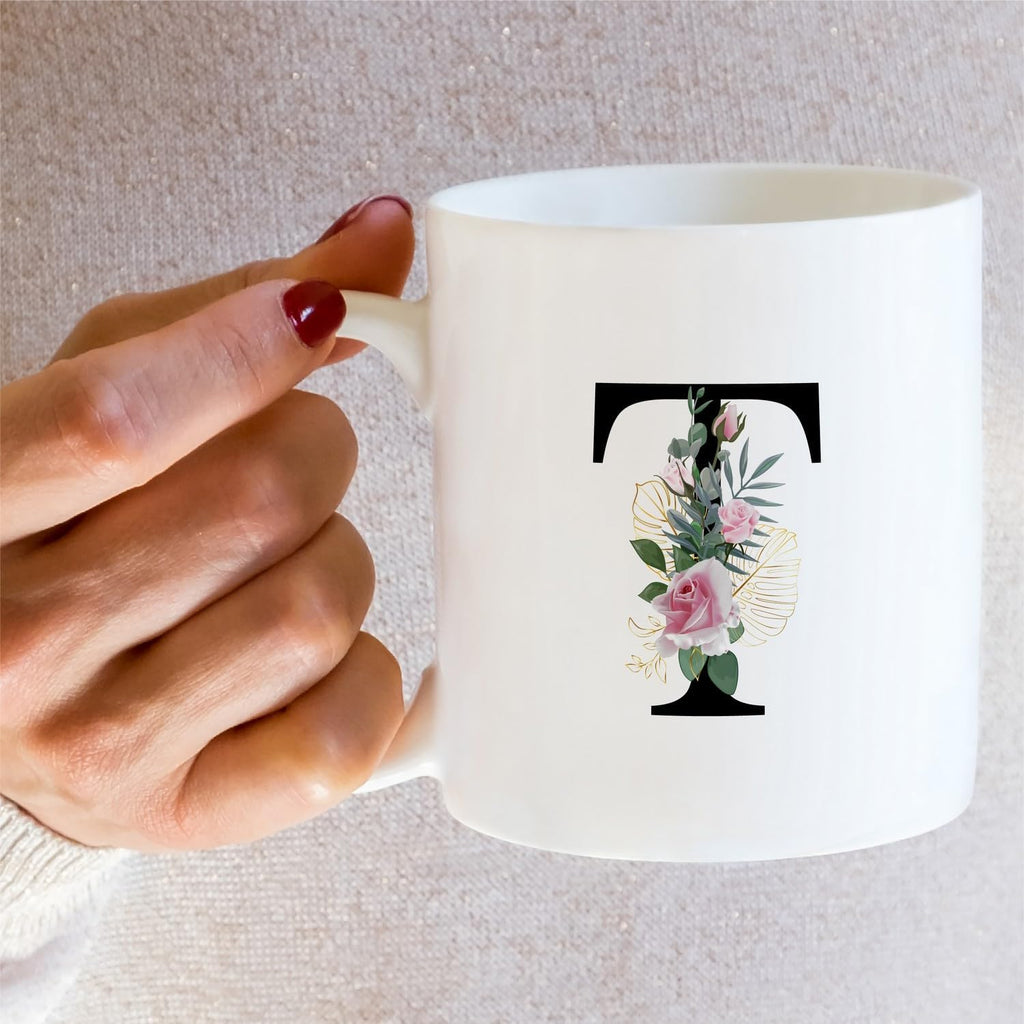 Retreez Initial A-Z Floral Botanical Bouquet Alphabet Monogrammed Monogram Mug 11 Oz Ceramic Tea Coffee Mugs - Appreciation Thank You Wedding Birthday Gifts for her friend coworker sister - T Initial