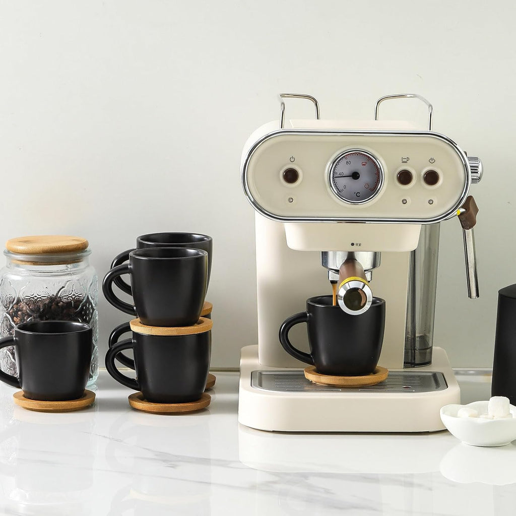 Hasense Porcelain Cappuccino Cups and Saucers Set of 6-6 Ounce Demitasse Espresso Mugs with Handle Perfect for Latte, Cafe Mocha, Double Shot and Tea, Black