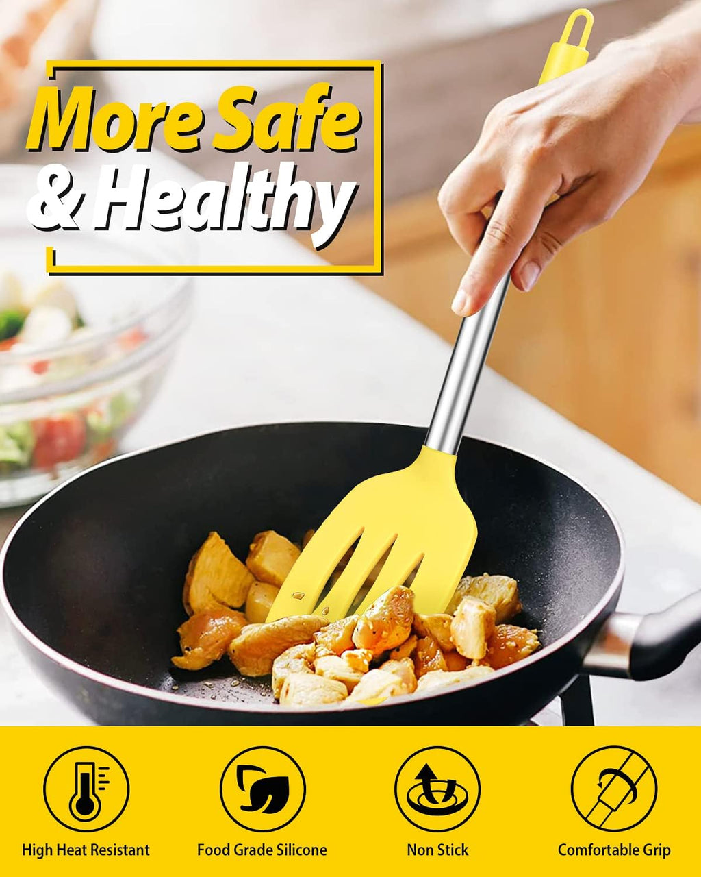 Pack of 2 Silicone Solid Turner, Non Stick Slotted Kitchen Spatulas, High Heat Resistant BPA Free Cooking Utensils, Ideal Cookware for Fish, Eggs, Pancakes(Yellow)