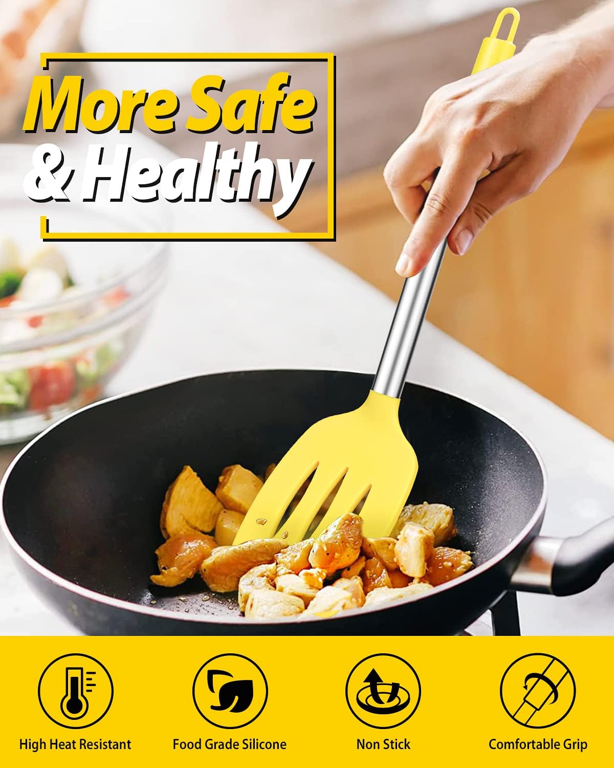 Pack of 2 Silicone Solid Turner, Non Stick Slotted Kitchen Spatulas, High Heat Resistant BPA Free Cooking Utensils, Ideal Cookware for Fish, Eggs, Pancakes(Yellow)