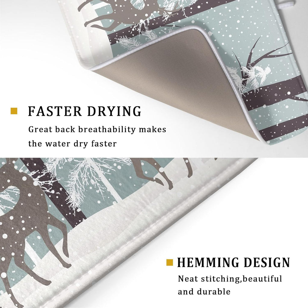 Winter Wildlife Deer Dish Drying Mat for Kitchen Counter,Xmas Landscape Snow Tree Ivory Drying Mat 18 x 24 Inch with High Absorbent Microfiber Drainer Mat for Coffee Bar