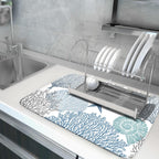 Summer Coastal Dish Drying Mats for Kitchen Counter 16x18 Inch Sea Shells Starfish Drying Mat High Absorbent Reversible Kitchen Mat Blue Coral Ocean Themed Dishes Pad for Countertop Tableware Decor