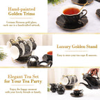 DUJUST 22 pcs Porcelain Tea Set for 6, Luxury British Style Tea/Coffee Cup Set with Golden Trim, Beautiful Tea Set for Women, Tea Party Set, Gift Package (Including a Stand) - Black