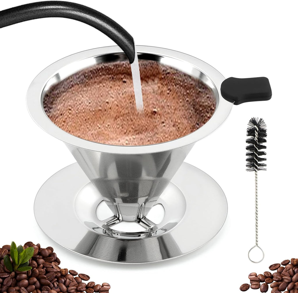 Pour Over Coffee Dripper with Cleaning Brush, Stainless Steel Cone Coffee Filter Fine Mesh Double Layer, Paperless Reusable Coffee Filter, Drip Cone Brew Coffee Strainer(SIZE:Medium)