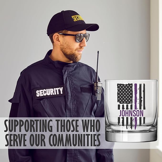 Blue Ridge Mountain Gifts - Thin Purple Line Whiskey Glass - Personalized Security Professional Glass, Security Officer Appreciation, Purple Line Merch, Custom Barware