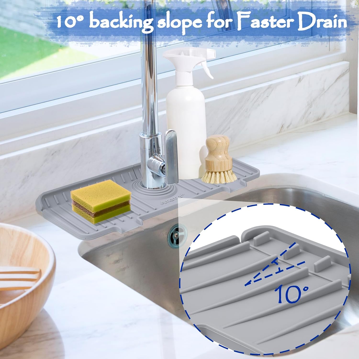 Kitchen Sink Splash Guard, Silicone Faucet Guard & Draining Mat, 10° Large Slope Sink Faucet Mat Splash Guard, Bathroom Sink Organizer, Kitchen Sink Accessories Gadgets, 14.2” x 5.1”, Gray