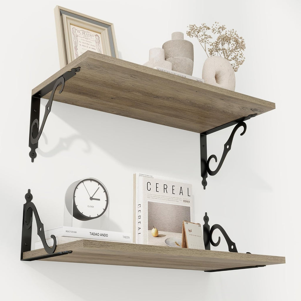 RICHFOCUS 12 Inch Deep Floating Shelves for Wall, 24" W x 12" D Wood Wall Shelves Set of 2, Wide Floating Shelves for Living Room, Bedroom, Kitchen, Bathroom and Decor Storage, Grey