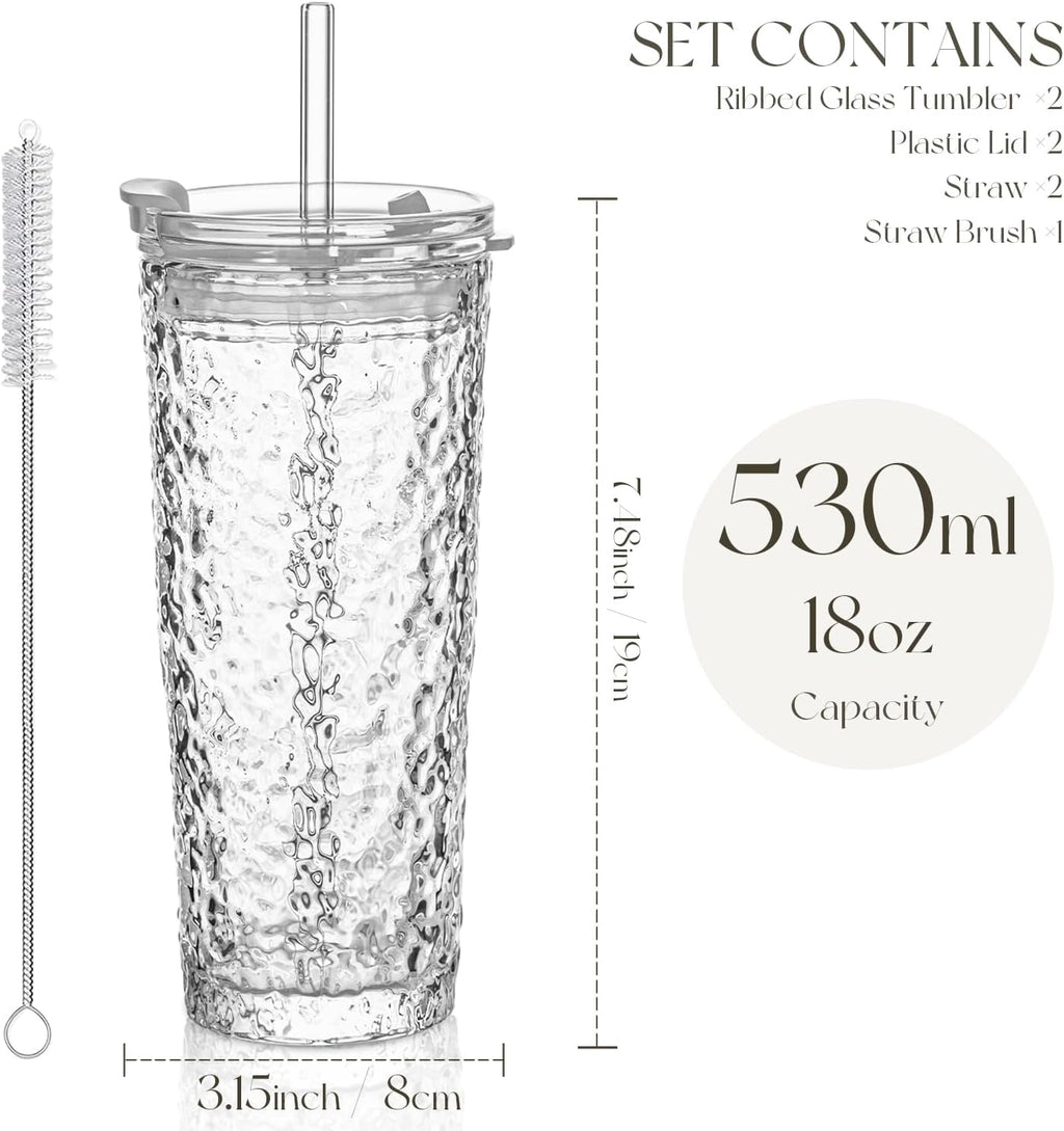 KEMORELA Glass Tumblers with Lids and Straws – Set of 2, 18oz Premium Quality Drinking Glasses, Ideal for Juices, Cocktails, and Everyday Use