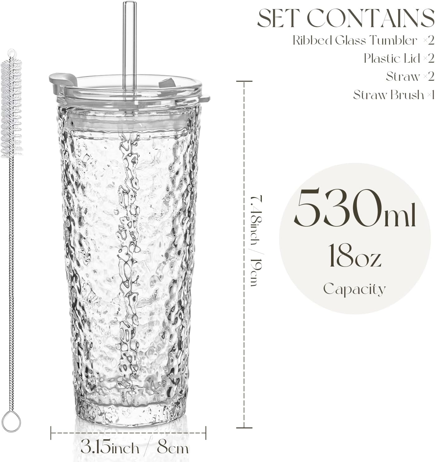 KEMORELA Glass Tumblers with Lids and Straws – Set of 2, 18oz Premium Quality Drinking Glasses, Ideal for Juices, Cocktails, and Everyday Use