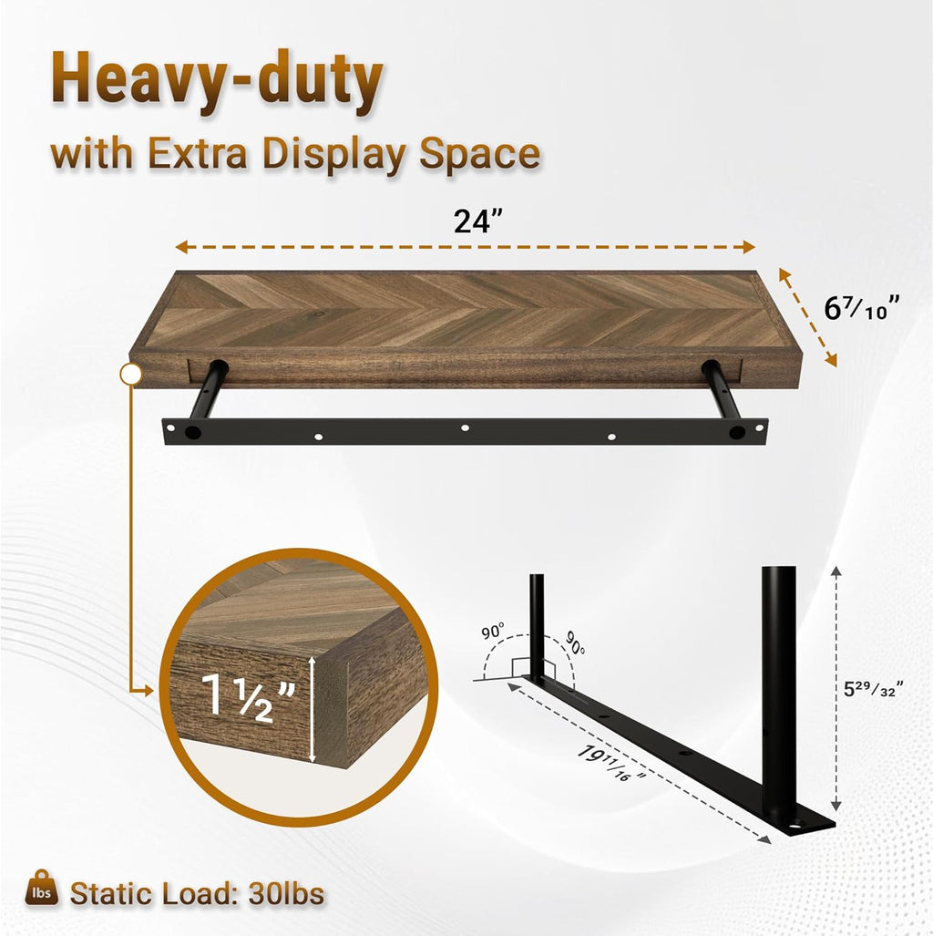 24" Acacia Chevron Floating Shelves Set of 2 - Wall Mounted Wooden Shelf for Stylish Home Décor - Walnut Color - 24x6.7x1.5 Inches