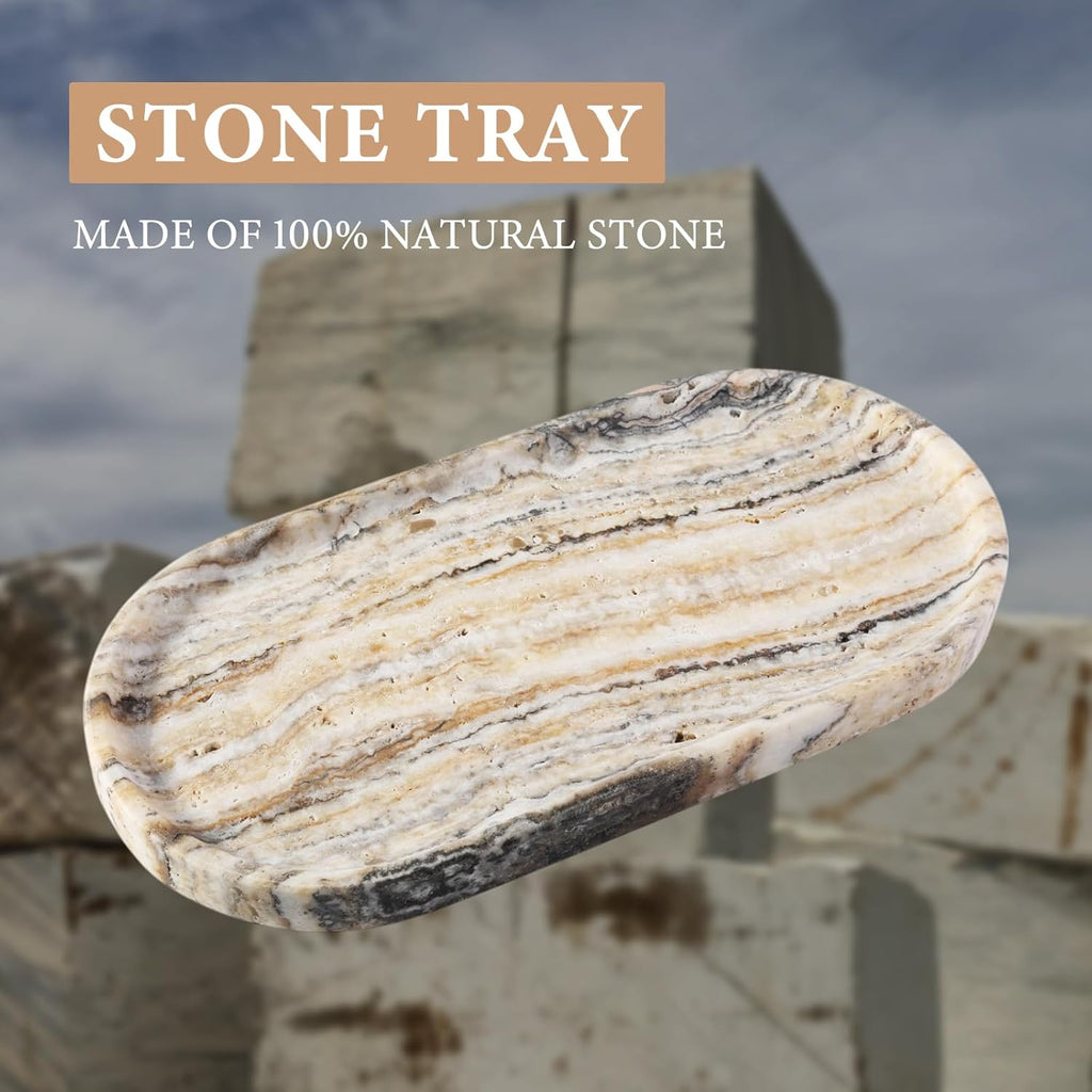 Koville Natural Marble Bathroom Tray for Decor Countertop, Marble Vanity Tray for Candles Perfume, Jewelry, Cosmetics, Stone Decorative Trays for Dresser Organizer(White Traonyx)