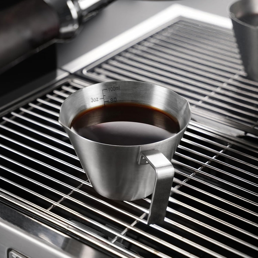 YARRAMATE Espresso Cup with Handle, Stainless Steel Espresso Accessories, Double Spout Metal Measuring Cup with Dual Scale, Espresso Shot pitcher with V-Shaped Mouth, 3.4OZ/100ML