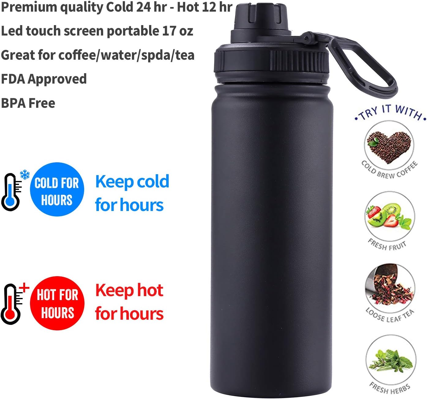 Tea Infuser Bottle With Removable Loose Leaf Tea Strainer Cup 18/8 Stainless Steel Insulated Travel Tea Tumbler Black
