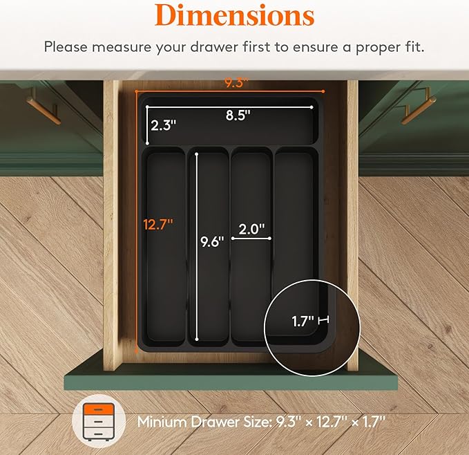 Lifewit Silverware Organizer with Lid, Covered Utensil Tray for Kitchen Drawer and Countertop, Plastic Cutlery and Flatware Storage Box for Spoons Forks Knives Holder Case, 5 Compartments, Black