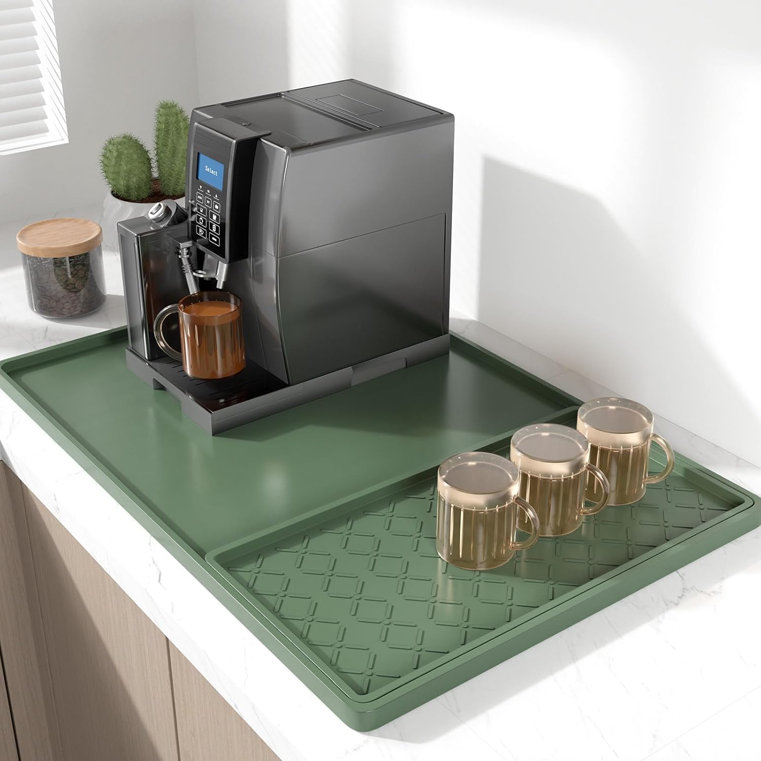 Rnivvi Silicone Coffee Mat, 16" x 24" Waterproof Raised Edge Coffee Bar Mats for Espresso Machine Station Accessories, Heat Resistant Detachable Dish Drying Pad for Kitchen Counter, Dish Rack, Green