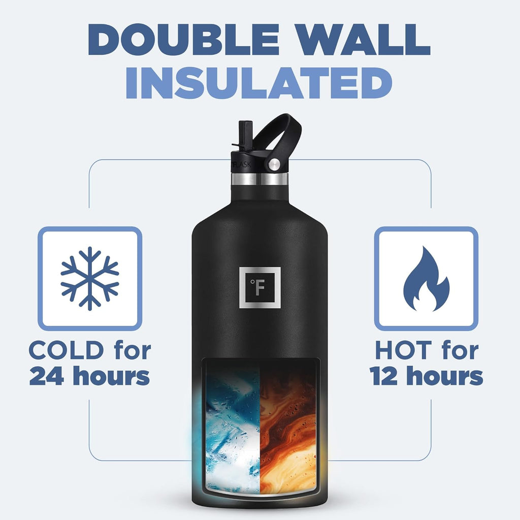 IRON °FLASK Camping & Hiking Hydration Canteens - 3 Lids (Narrow Straw Lid) Leak Proof Vacuum Insulated Stainless Steel - Hot & Cold Double Walled Sports Water Bottle - Dark Rainbow, 64 Oz