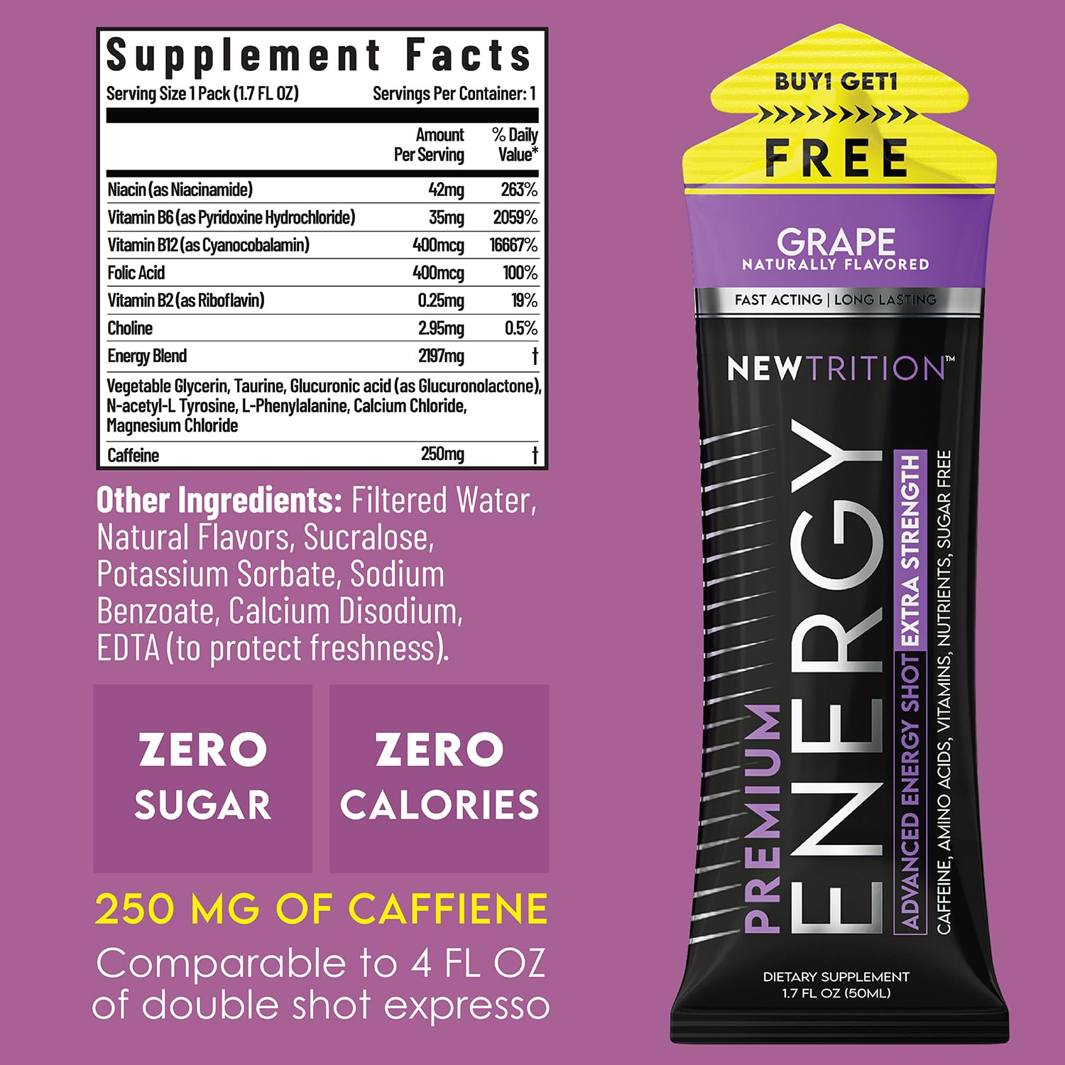 NewTrition® Extra Strength Energy Shots, 250mg Caffeine Energy Shots with Vitamin B & Amino Acids, Sugar-Free Vitamin Energy Shot, 1.7 fl oz (Pack of 24, Grape)