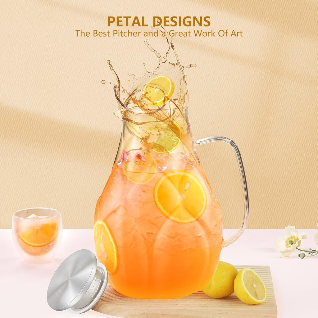 Glass Pitcher With Lid, 102oz Unique Petal Design, Stainless Steel Large Iced Tea Pitcher, Easy To Clean Lightweight Borosilicate Glass For Cold And Hot Beverages