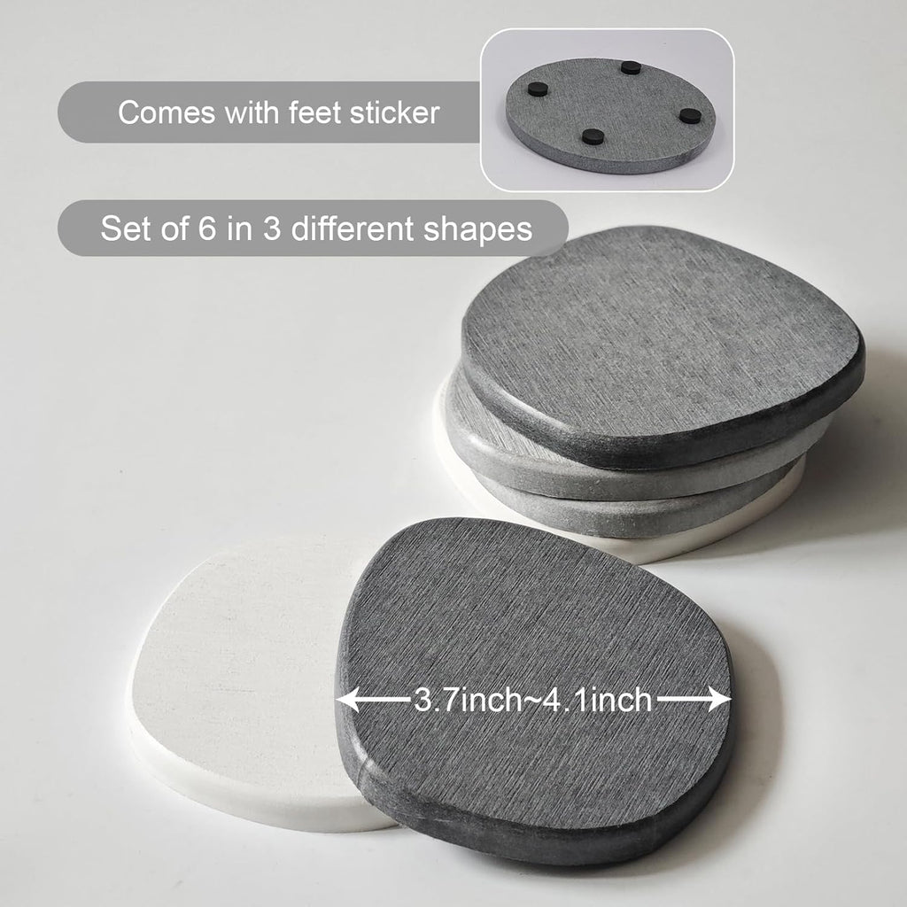Instant Dry Stone Absorbent Diatomite Coaster Set of 6 for Drinks Wine Coffee, Modern Unique Cup Diatomaceous Earth Coasters for Coffee Table Office Desk, Grey and White