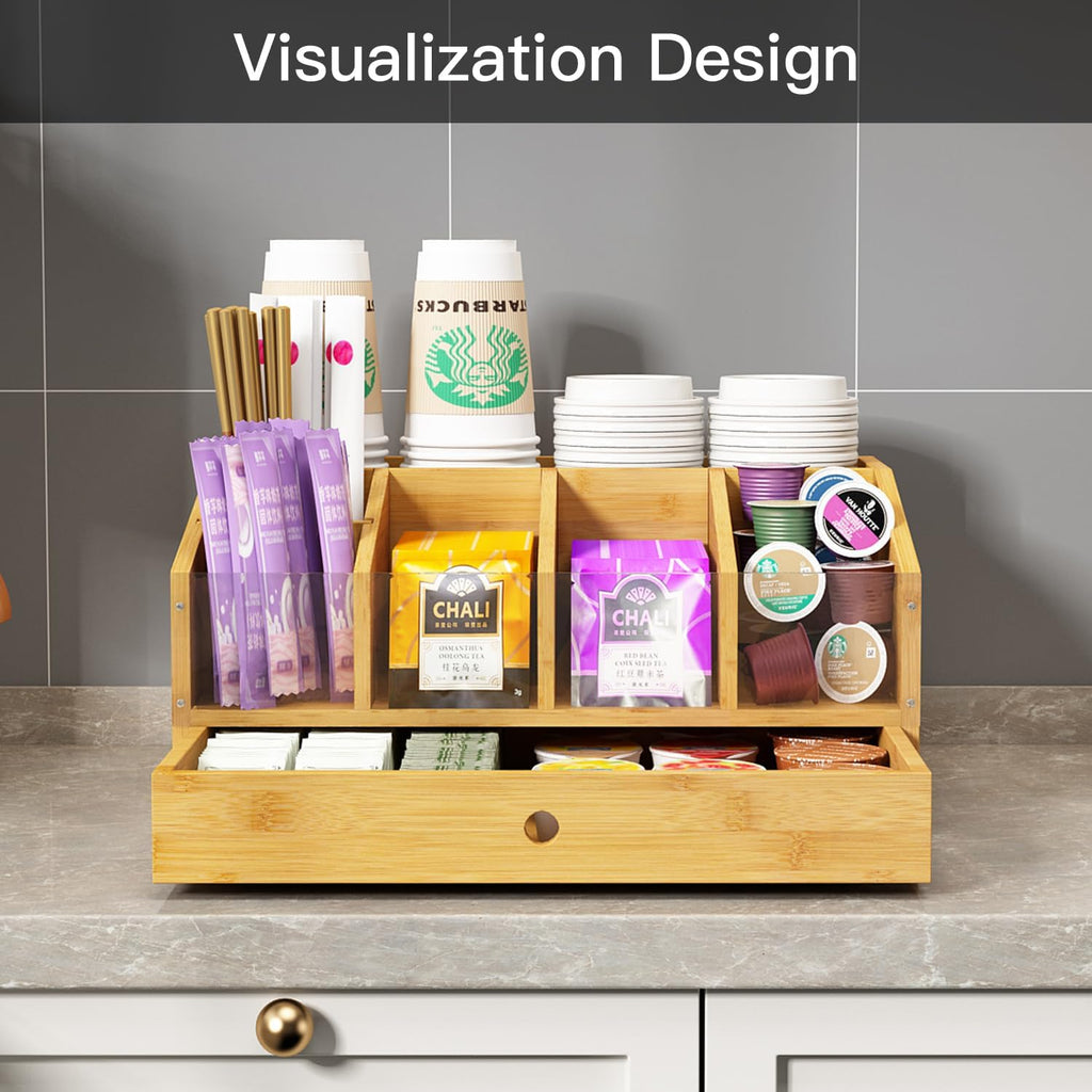 Coffee Station Organizer for Countertop Coffee Condiment Organizer, Office Coffee Station, Small Cute Coffee Bar Organizer – Bamboo & Wooden Storage with Removable Dividers & Drawer