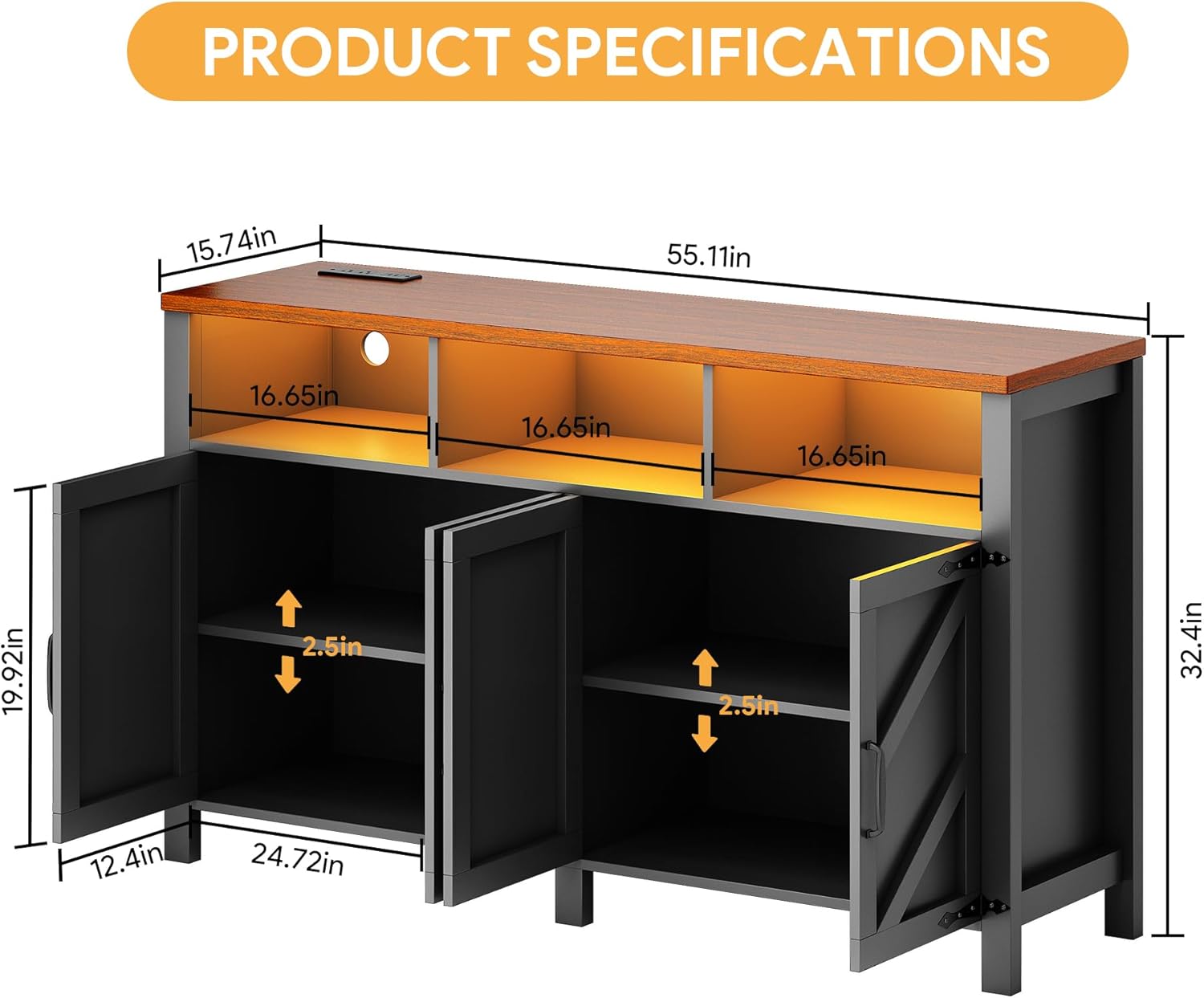 Buffet Sideboard with Storage with Power Outlets & LED Light 4 Doors, 55'' Large Farmhouse Kitchen Storage Cabinet Wood Coffee Bar Cabinet Buffet Table for Kitchen, Dining Room, Entryway