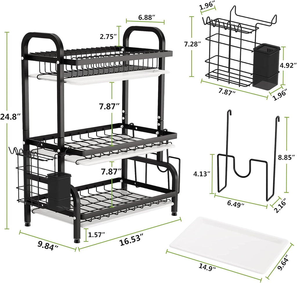 1Easylife Drying Rack, Metal 3-Tier Large Capacity Dish Rack with Utensil Holder, Cutting Board Holder, Drain Board Tray for Kitchen Counter Storage (Black)