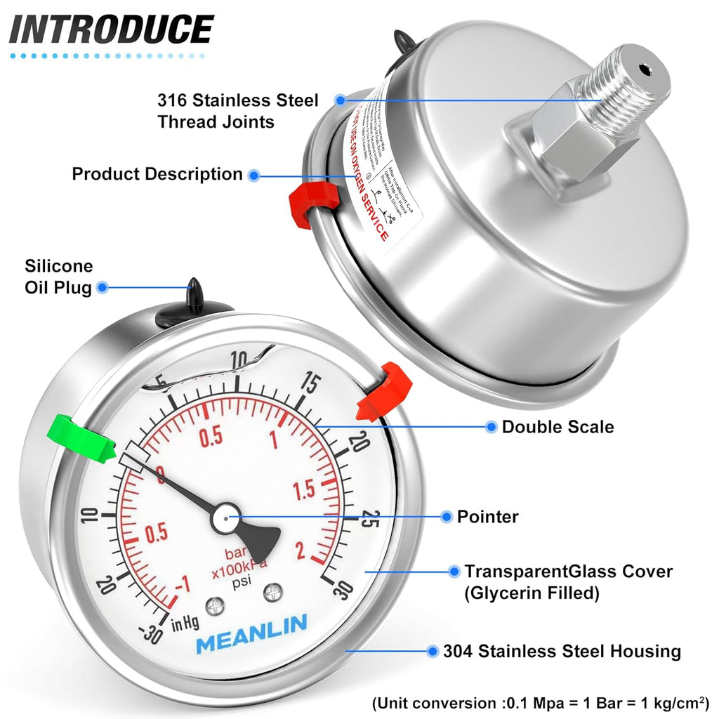 MEANLIN MEASURE -30inHG~30Psi Vacuum Pressure Gauge 316 Stainless Steel Joint 1/4" NPT 2.5" FACE DIAL, Stainless Steel Liquid Filled Pressure Gauge WOG Water Oil Air Back Mount, 2PCS Snaps