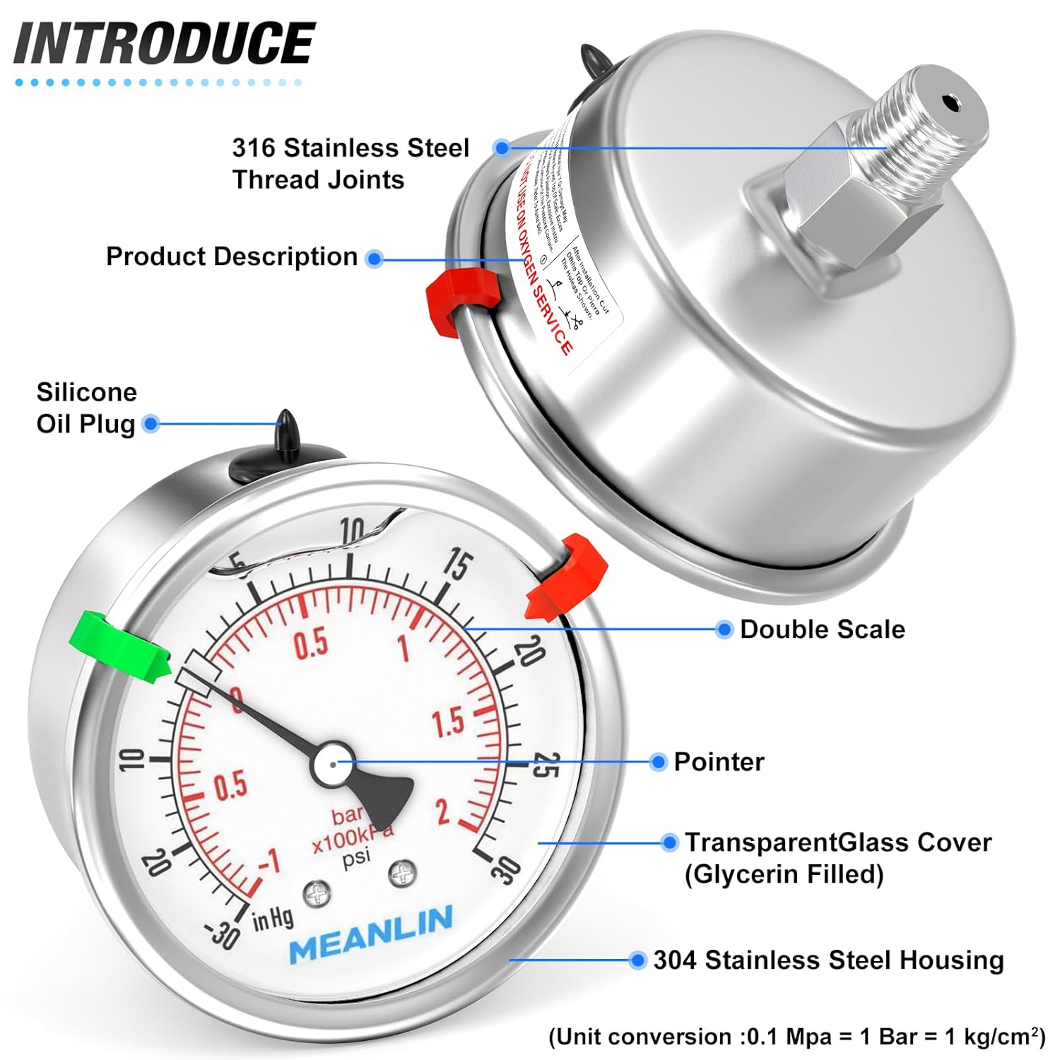 MEANLIN MEASURE -30inHG~30Psi Vacuum Pressure Gauge 316 Stainless Steel Joint 1/4" NPT 2.5" FACE DIAL, Stainless Steel Liquid Filled Pressure Gauge WOG Water Oil Air Back Mount, 2PCS Snaps