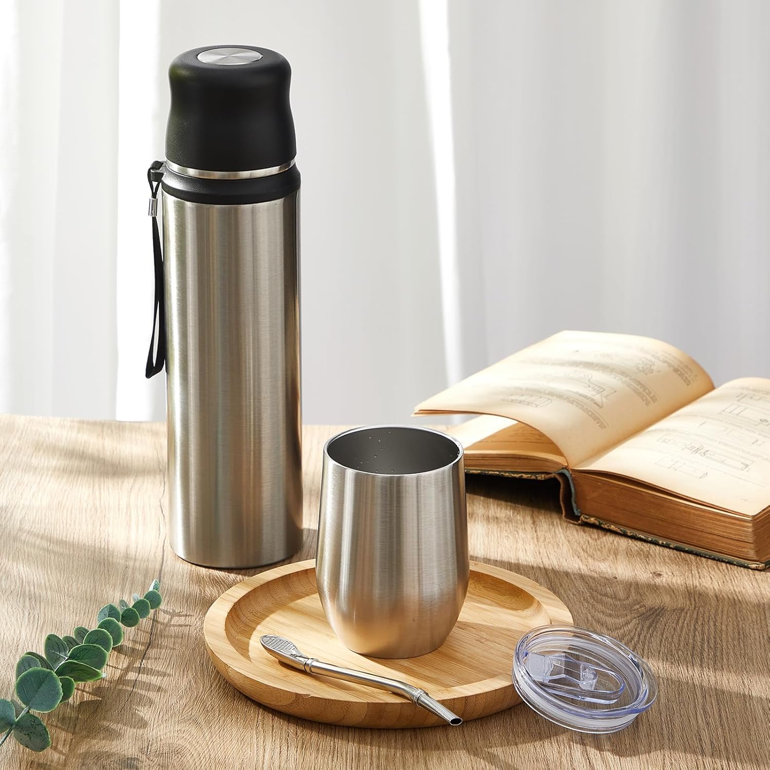 Dandat 2 Pieces Yerba Mate Cup and Vacuum Bottle Kit 12 oz Yerba Mate Gourd Cup and Bombilla Set for Travel, Turn The Cup Upside Down to Pour out All The Water(Steel Color)