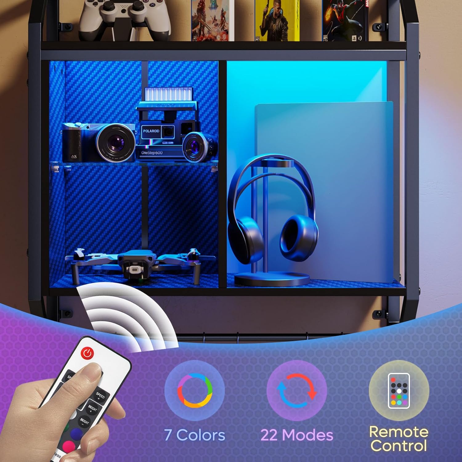 Bestier 25" LED Gaming Floating Shelves for Wall, Wall Mounted Shelf Pipe Adjustable Glass Shelves, Hanging Display Rack with 6 S-Hooks Towel Bar, Gaming Room Decor Shelf, Carbon Fiber Black