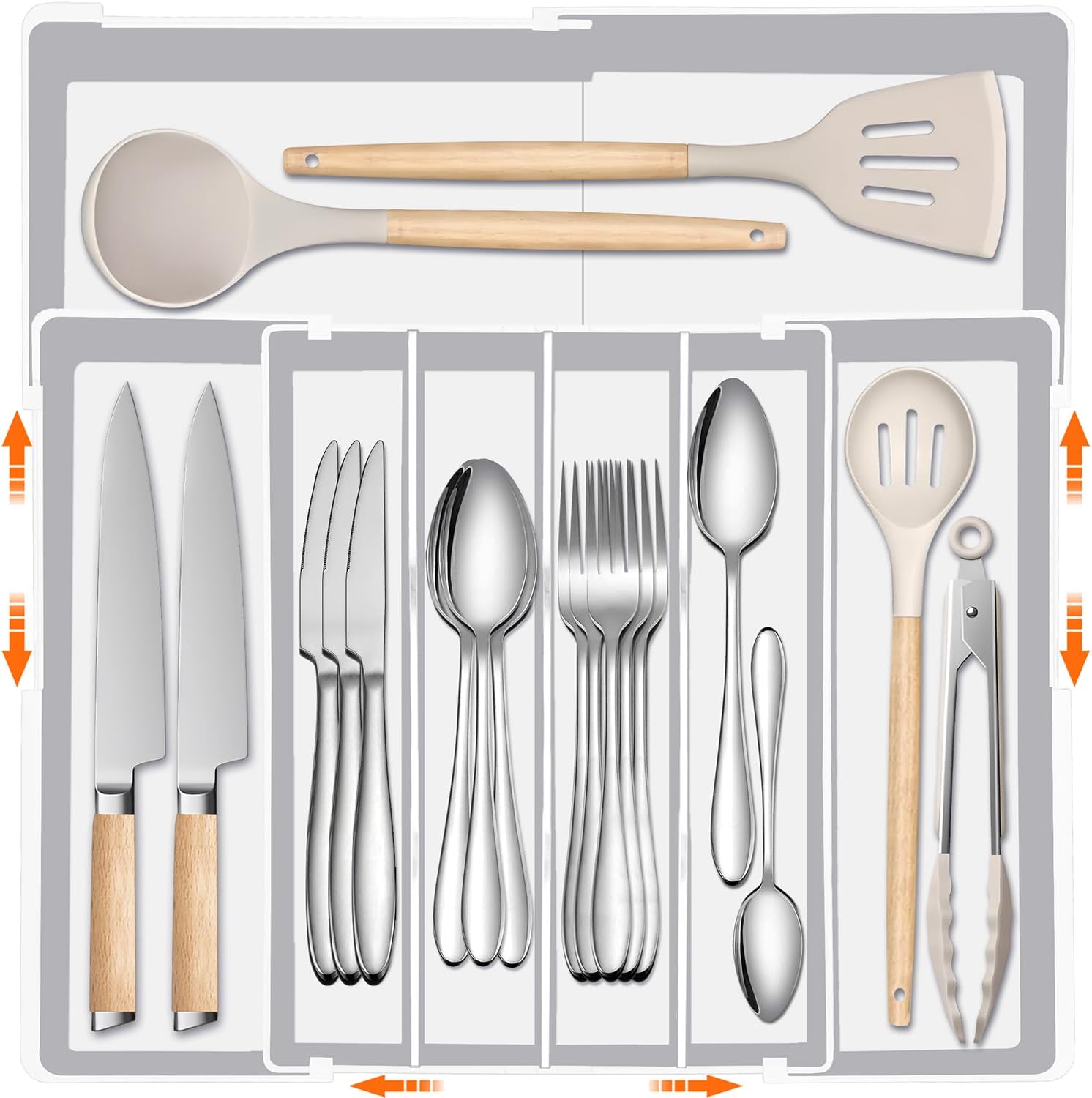 Silverware Organizer - Expandable Silverware Tray for Drawer, Adjustable Utensil Drawer Organizer for Forks, Knives, Kitchen Organizers and Storage, White