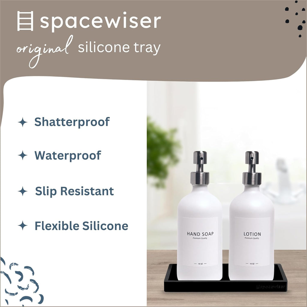 Countertop and Vanity Tray – Small 7.7” Silicone Tray, Soap Dispenser Trays, Bathroom Trays, Kitchen Soap Holder Sink Organizer Counter Caddy for Soaps Bottle Keys, Sponge Holder Dish Black