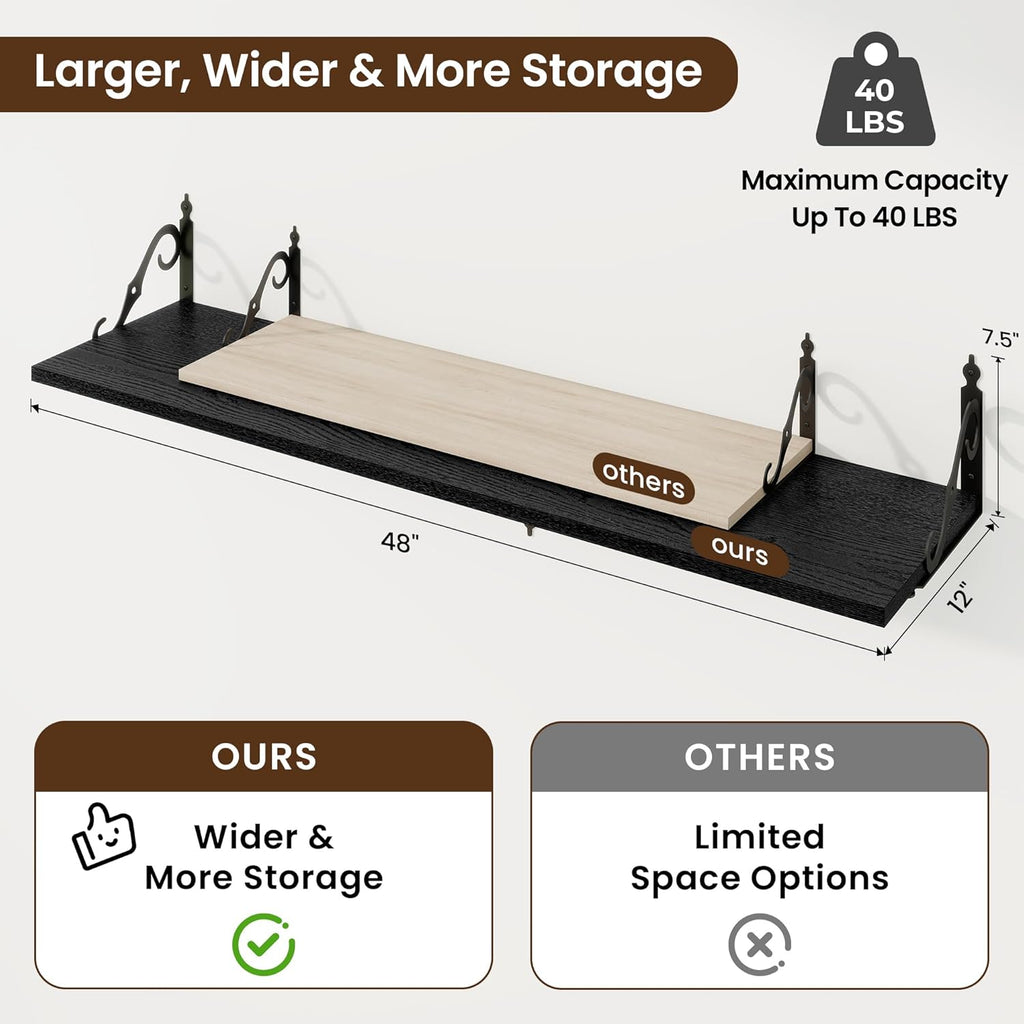 RICHFOCUS 12 Inch Deep Floating Shelves for Wall, 48" W x 12" D Black Wood Wall Shelves Set of 2, Wide Floating Shelves for Living Room, Bedroom, Kitchen, Bathroom and Decor Storage, Black