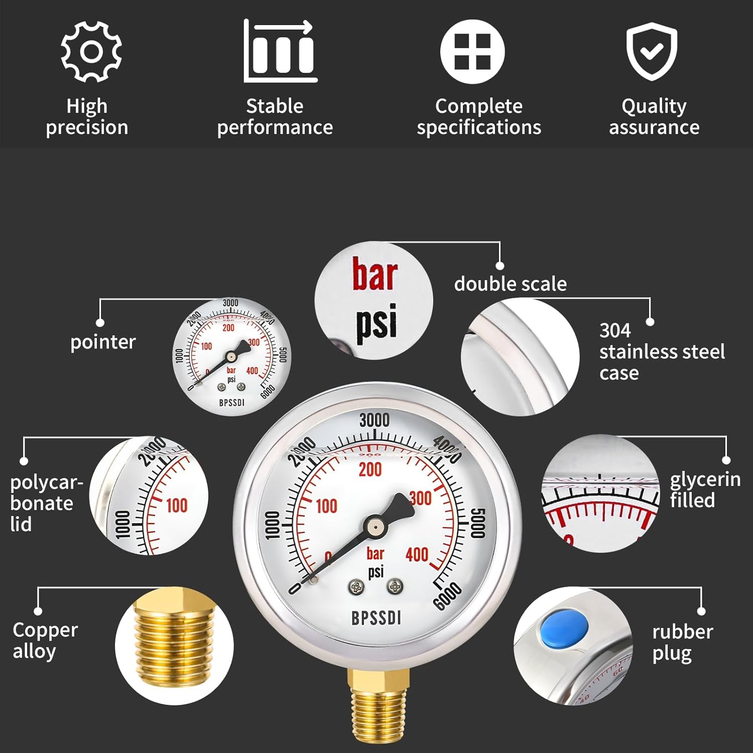 0-6000 Psi Glycerin Liquid Filled Hydraulic High Pressure Gauge, 2.5" Dial Size, 1/4" NPT Lower Mount, 304 Stainless Steel Case, for Water Oil Air Gas Pressure Test