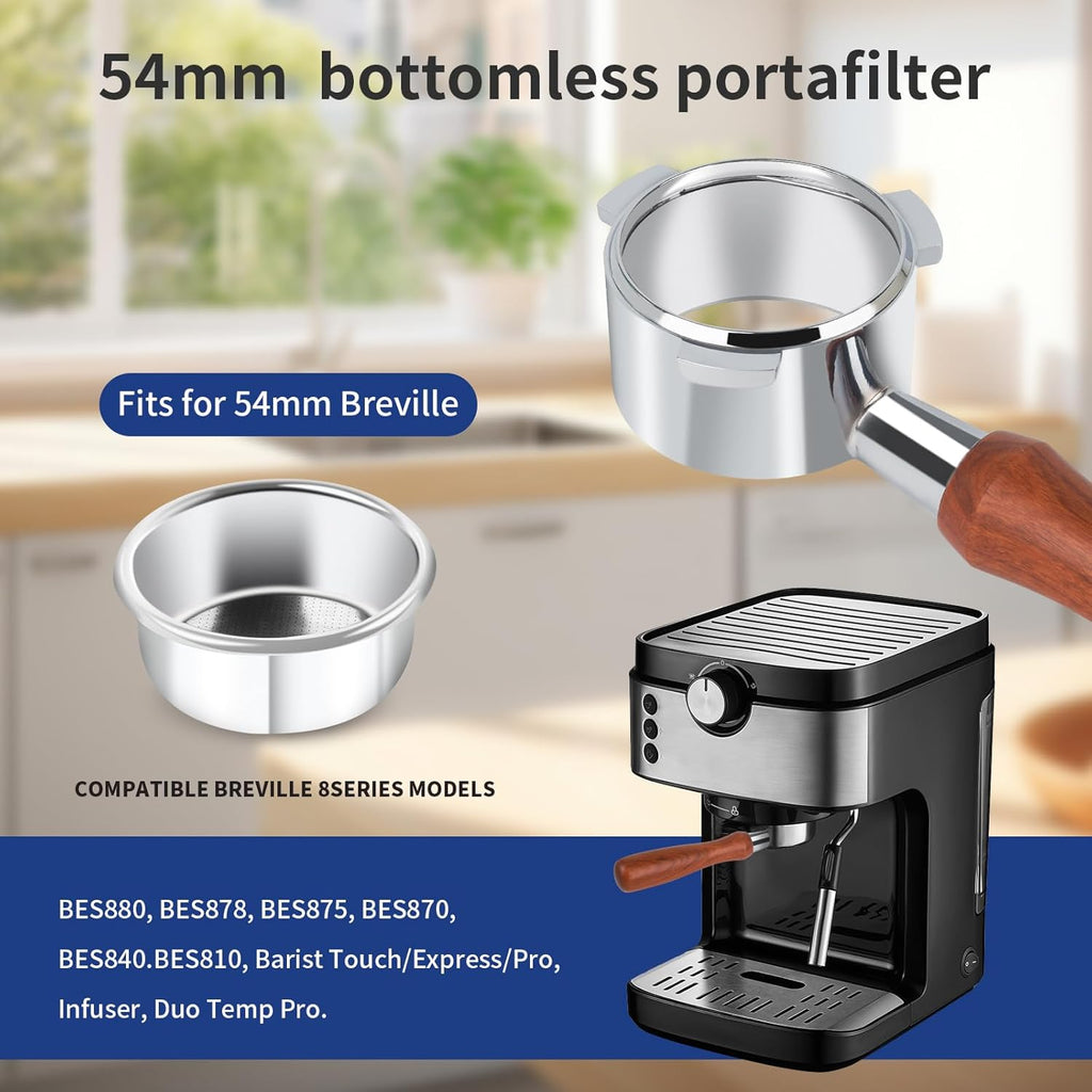54mm Bottomless Portafilter - 3-Ear Stainless Steel - For Breville Barista Express (BES870, 878, 875, 840, Duo-Temp Pro) - Solid Wood Handle
