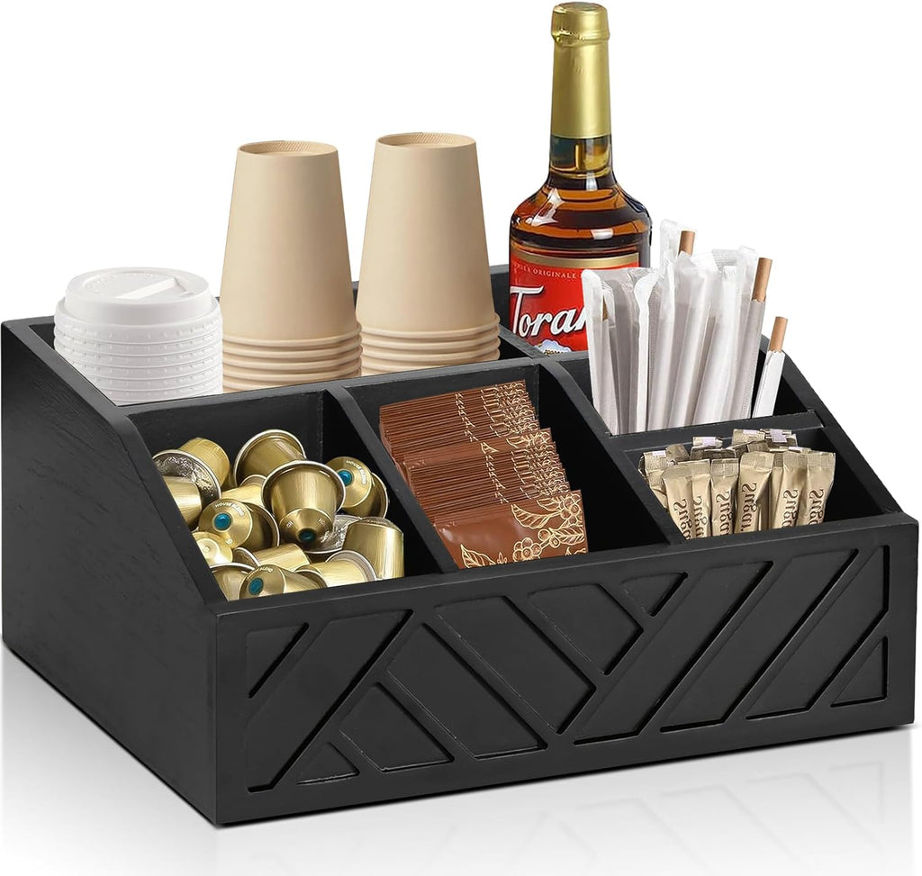 Coffee Pod Holder and Bar Accessories, Wood Station Organizer for Decor, Syrup and Condiment Organizer, Black